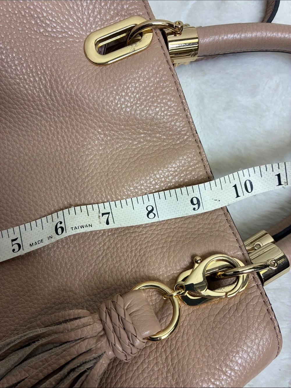 Vince Camuto Pebbled Leather Satchel in Dusty Taupe with Tassel